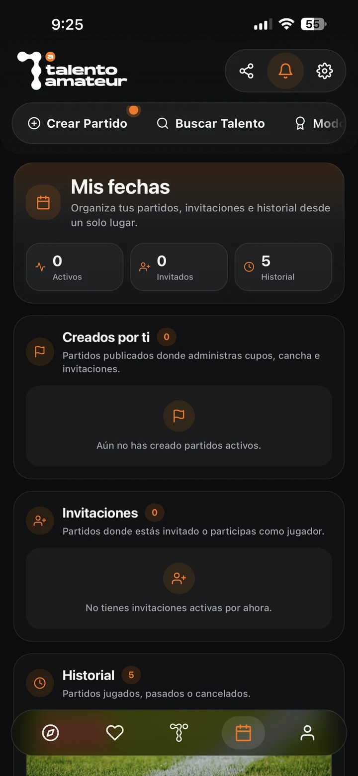 Partidos creados, invitaciones e historial