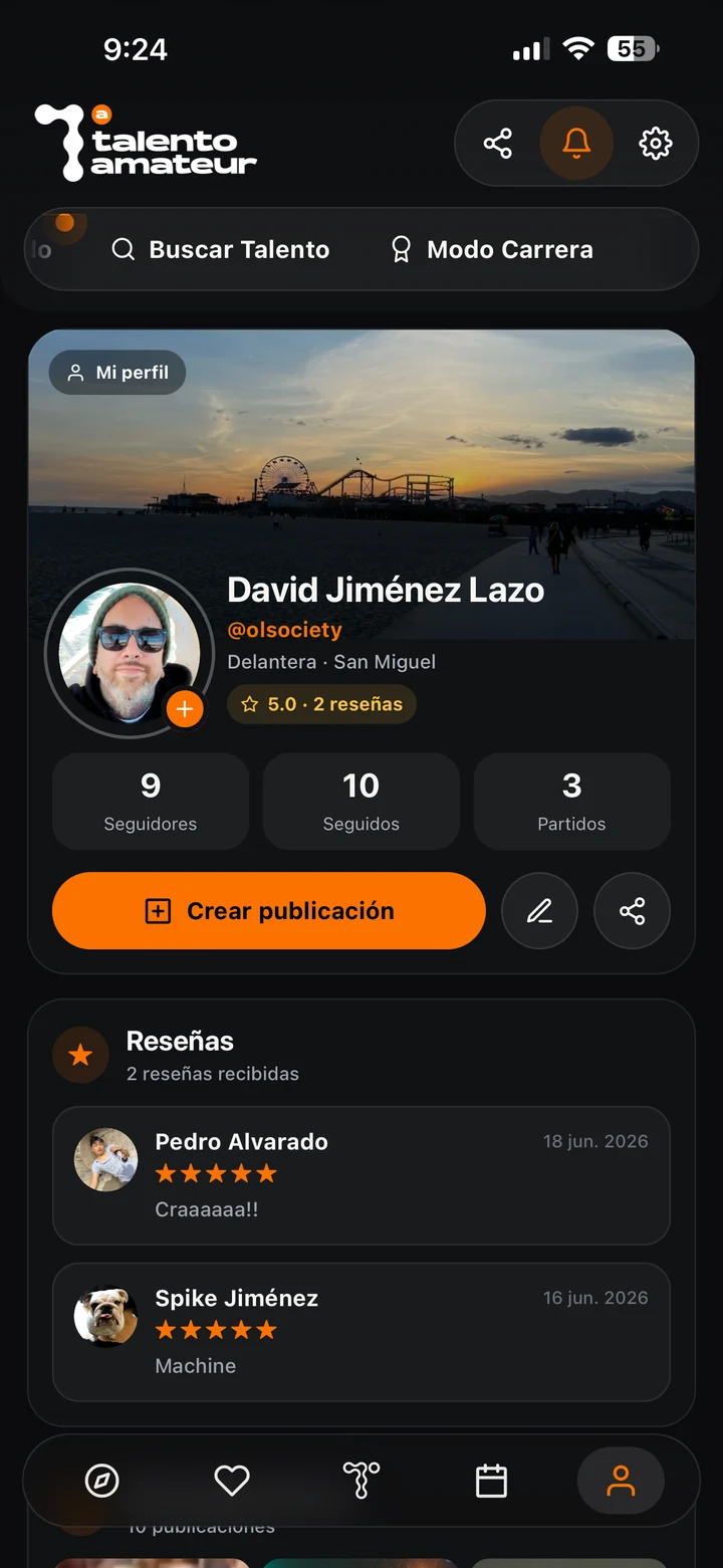 Perfil de jugador con reseñas, seguidores y partidos