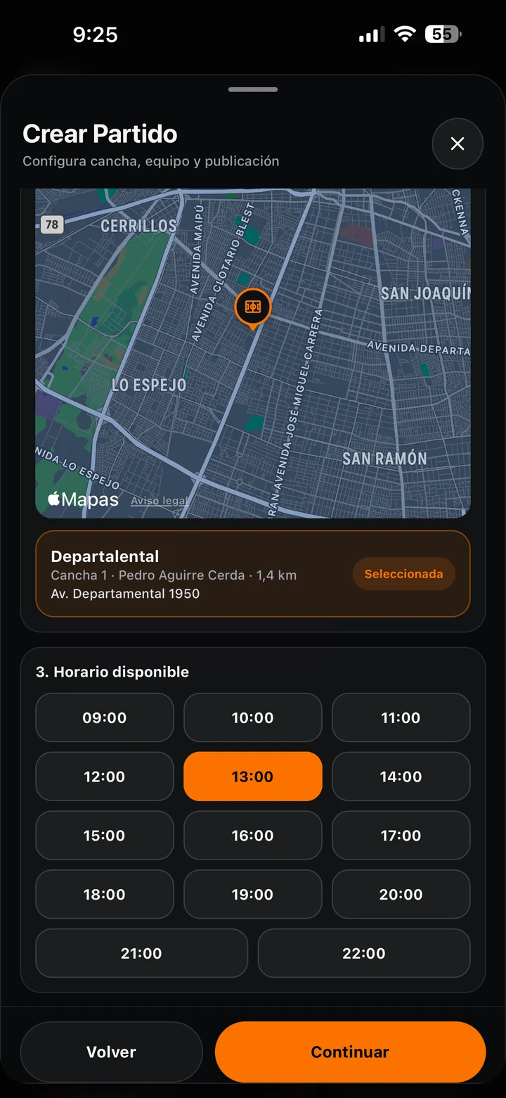 Horarios disponibles de la cancha